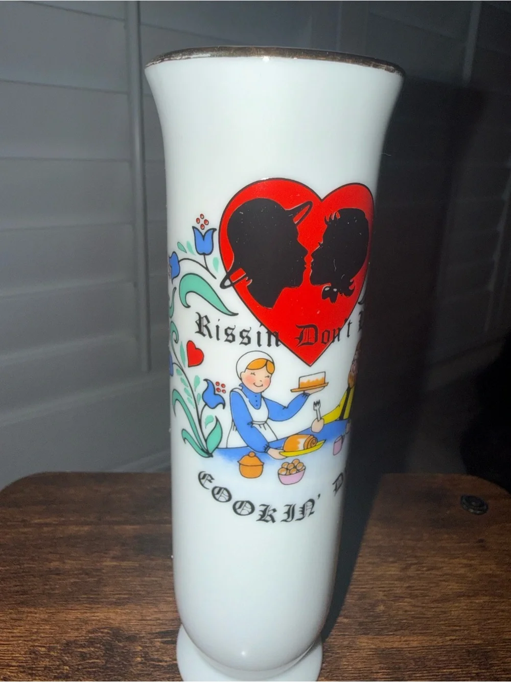 White Glass Decorative Vase with Red Heart Graphic